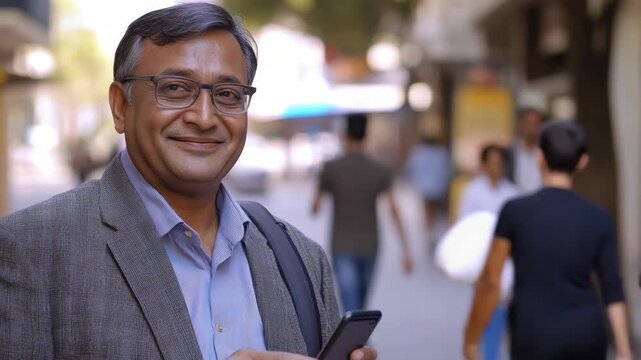 Busy urban scene with man in business attire multitasking on his phone