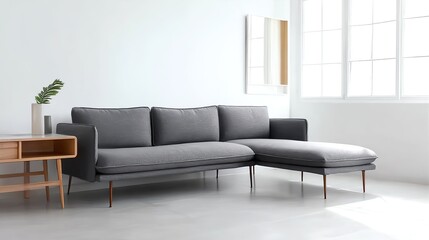 A contemporary living room with a minimalist gray sofa and clean, spacious design.