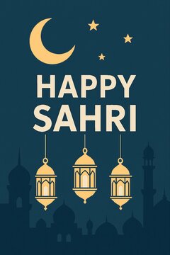 Happy sahri greeting card with golden lanterns and crescent moon on dark blue background.