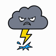 Obraz premium Angry cartoon storm cloud with a yellow lightning bolt striking and water splashing below.