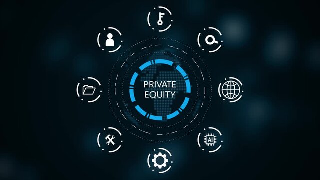 Digital of private equity concept with a central globe and surrounding representing finance, technology, and business growth on a dark blue bokeh background Keywords: private, equity, finance
