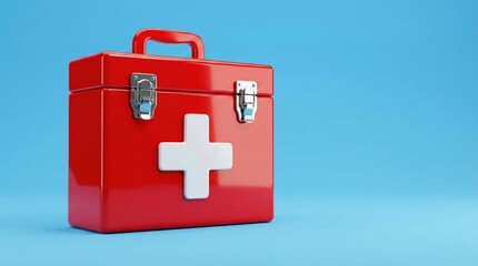 Obraz premium Bright Red First Aid Kit with White Cross on Blue Background