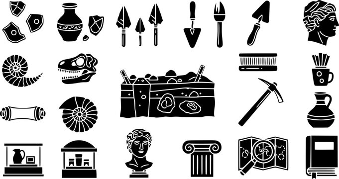 Archaeology Icons Vector Set: Artifacts, Tools, Fossils, Excavation, History, Museum, and Research. Bold Silhouette Graphics Collection for Science Design.