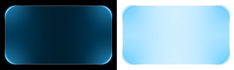 Futuristic Blue Neon Glass Panel with Rounded Corners, Glossy Gradient UI Frame, Sci Fi HUD Display Interface Element, Glowing Transparent Digital Screen Overlay Isolated on Dark Background