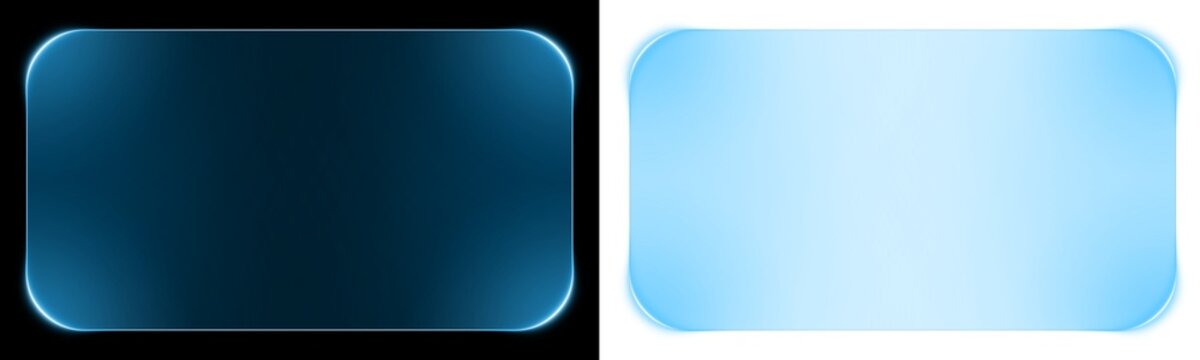 Futuristic Blue Neon Glass Panel with Rounded Corners, Glossy Gradient UI Frame, Sci Fi HUD Display Interface Element, Glowing Transparent Digital Screen Overlay Isolated on Dark Background
