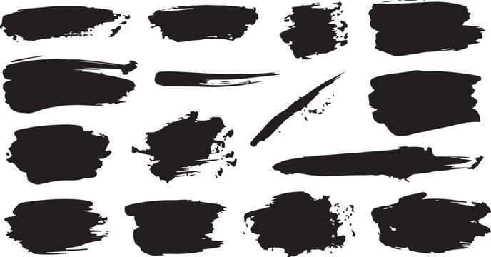 A diverse set of hand-painted black brush strokes, ink swashes, and textured smudges isolated on a white background, ideal for creating grunge borders and artistic backgrounds.