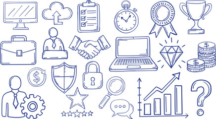 Business and financial doodles set, hand drawn office and management icons isolated on white background © riptii rittika