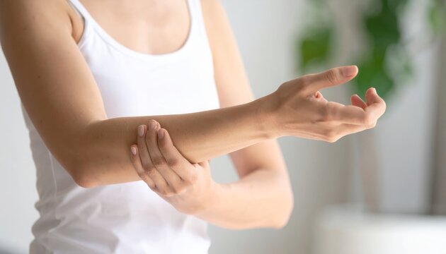 Woman suffering from elbow pain, holding her arm with a pained expression, indicating discomfort and need for relief.
