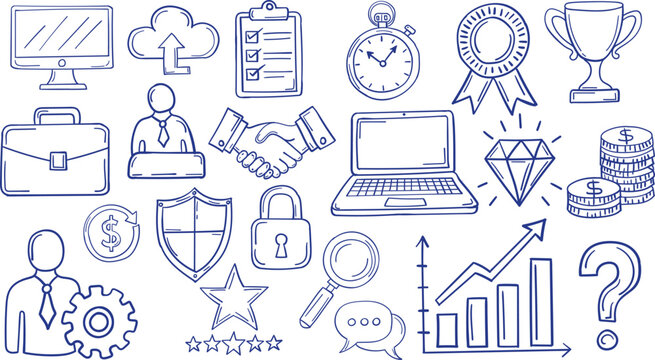 Business and financial doodles set, hand drawn office and management icons isolated on white background