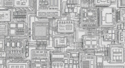 Detailed schematic of a complex circuit board with wires, panels, and parts