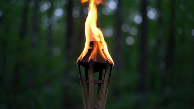 Close-up of a burning tiki torch with a warm flame in a forest