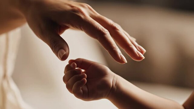 Tender touch: Adult hand gently reaching for baby's tiny fist, symbolizing love, care, and family connection.