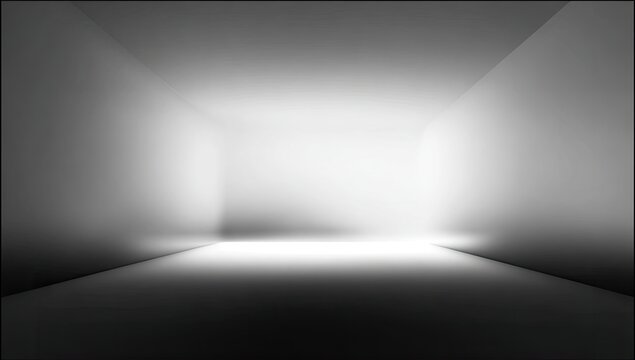 Monochrome, empty, light-filled room with smooth gradients, stark shadows, and a bright focal point