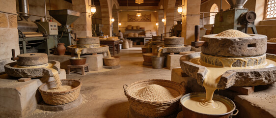 Traditional Tahini Production Facility with Ancient Stone Grinding Mills Processing Sesame Seeds into Creamy Paste in a Rustic Middle Eastern Workshop Setting with Baskets of Raw Seeds and Liquid.