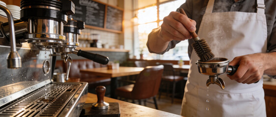 Professional Barista in White Apron Cleaning Steaming Portafilter with Brush in Sunlit Cafe, Close-up of Coffee Preparation Process with Industrial Espresso Machine and Warm Morning Atmosphere