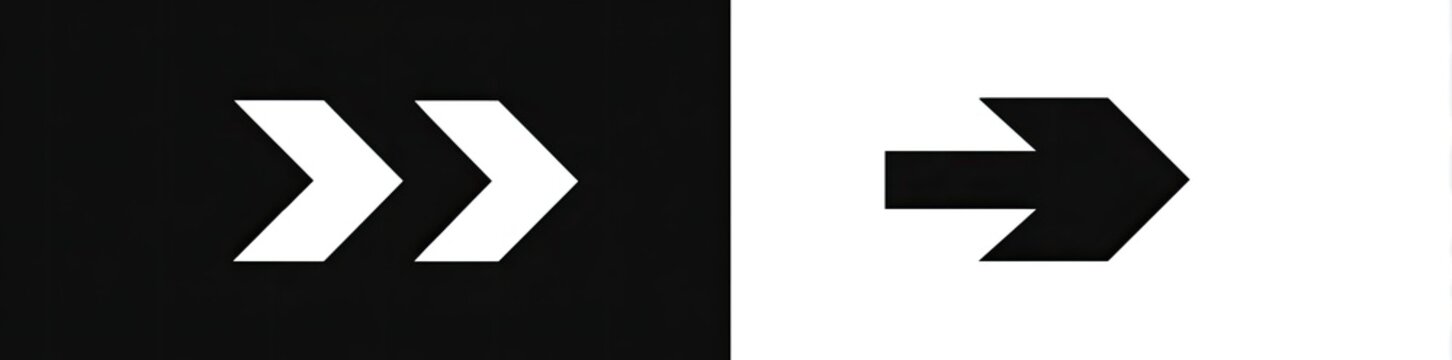A split composition displays white chevron arrows on black and a black arrow on white