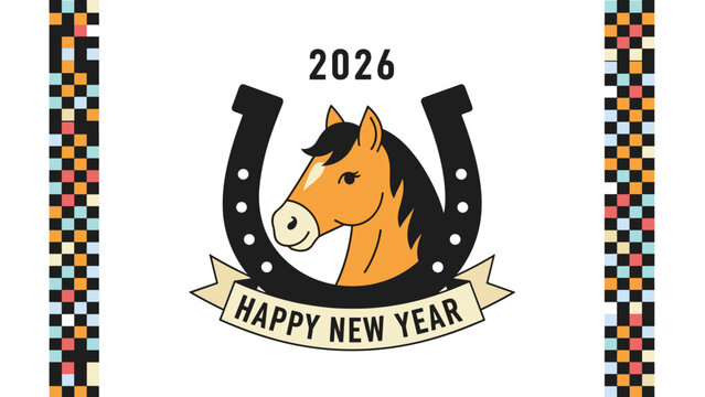 New Year greeting card for 2026 featuring a horse head inside a black horseshoe with colorful checkered borders for celebration.