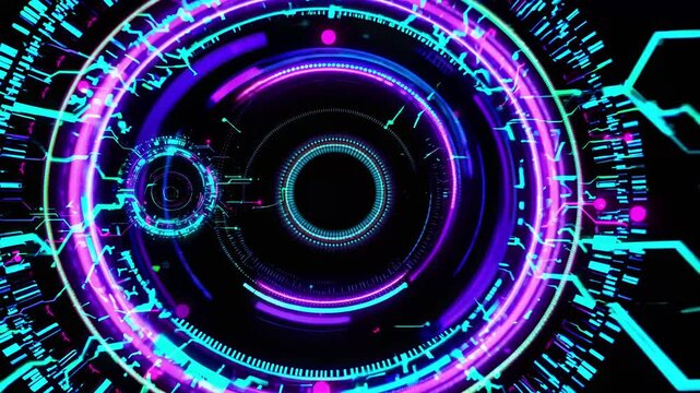 Glitch background with circular neon patterns in vibrant colors  