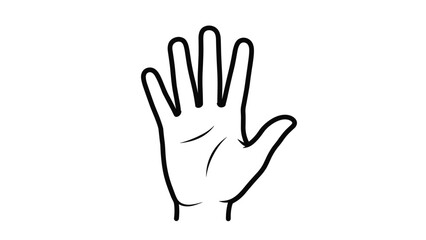 Fototapeta premium Simple black and white line drawing of an open hand palm representing stop, greeting, help gestures, or palmistry related themes.