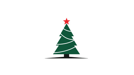Fototapeta premium Minimalist green Christmas tree icon topped with a red star and decorated with white swirling lines on white.
