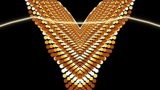 Abstract animation of golden spheres forming a v-shaped pattern with energy lines against black background
