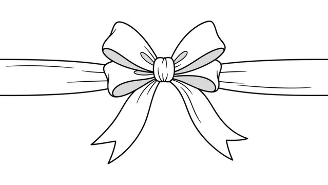 Classic tied ribbon bow with long ends stretching horizontally shown in a simple black and white line art illustration.