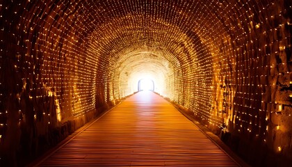 Obraz premium Wooden pathway leads into a glowing tunnel. The brick walls sparkle with ambient lights, culminating in a bright white light at the exit