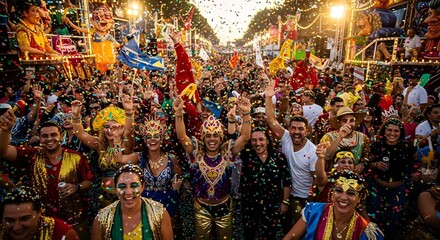A vibrant crowd celebrates joyfully, immersed in a lively festival atmosphere. People adorned in elaborate costumes, with expressions of pure excitement, create a captivating scene