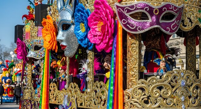 Carnival float decorated with vibrant masks and flowers, full of color and details. A person can be seen on the float