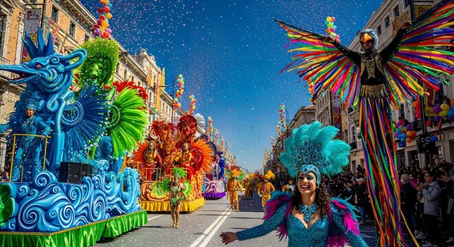 A vibrant carnival parade with colorful costumes and floats. People are dancing and celebrating in a lively street atmosphere