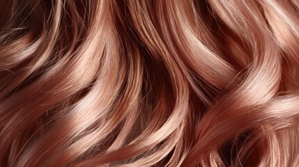 Fototapeta premium Close-Up of Luxurious Wavy Hair in Soft Rose Gold Color Showcasing Texture and Shine, Ideal for Beauty and Fashion Projects Entirely Focused on Hair Care and Styling