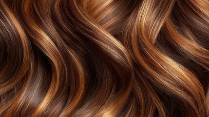 Fototapeta premium Close-up View of Glossy Curly Hair with Rich Brown and Copper Highlights Showcasing Vibrant Texture and Natural Beauty in a Haircare Setting for Stock Photo Use