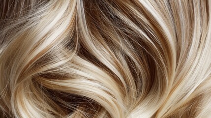 Naklejka premium Close-Up View of Beautiful Blonde Hair with Natural Waves and Highlights, Showcasing Luxurious Texture and Color Blending for Hair Care Promotions