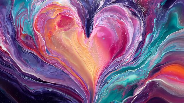 A vibrant abstract heart composed of swirling, multicolored paint. Rich textures create depth