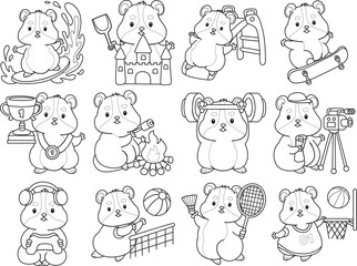 Fototapeta premium Coloring pages of Cute set of hamster sticker with activity. Outline of hamster 