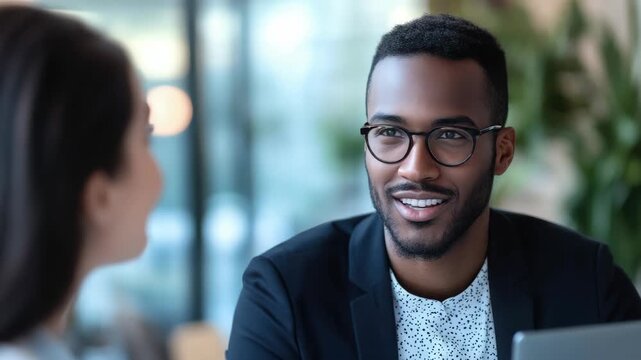Smiling African American man in suit with glasses, seated at a table, engaged in conversation.