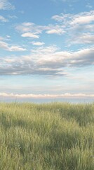 Lush green grass field stretches towards a distant horizon with a pastel sky.
