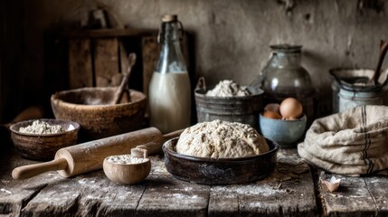 Fototapeta premium Rustic Kitchen Setting with Baking Ingredients, Flour, Eggs, Milk, and Dough on Wooden Table Surrounded by Vintage Utensils and Jars for Home Baking Enthusiasts