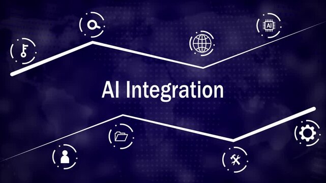 AI integration concept with interconnected white for search key user profile file folder gear and AI chip on a dark blue dotted map background