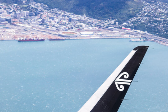 Air New Zealand, aerial view flying above Wellington, New Zealand, with copy space. Photo taken November 2024.	