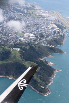 Air New Zealand, aerial view flying above Wellington, New Zealand, with copy space. Photo taken November 2024.
