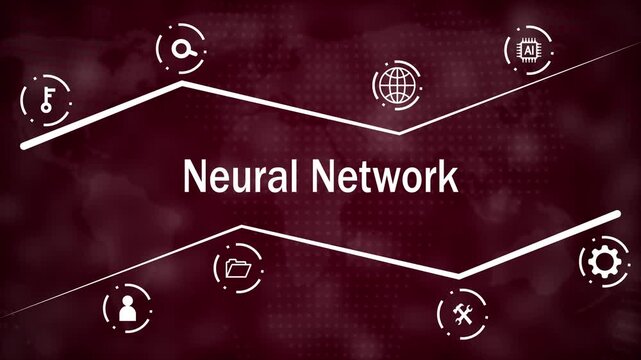 Neural network concept with white for search key user profile file folder gear and AI chip on a dark red dotted map background