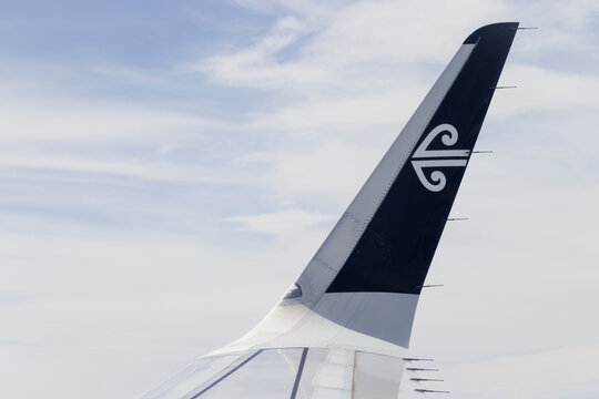 Air New Zealand plane wing against a blue and white sky, with copy sapce,  Photo taken November 2024.