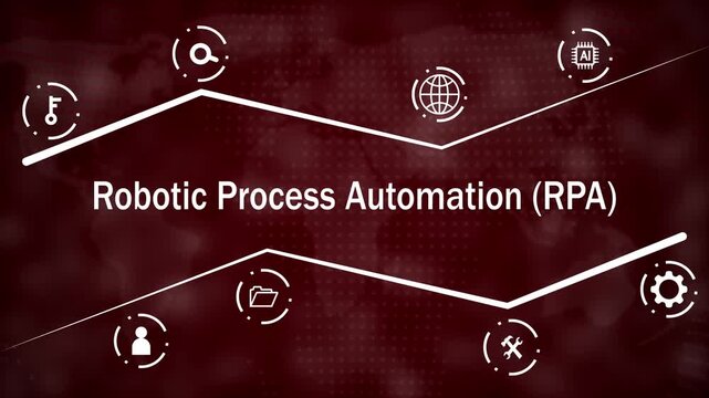 Robotic process automation concept with white for search key user profile file folder gear and AI chip on a dark red dotted map background