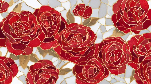 stained glass roses pattern with gold outline on white