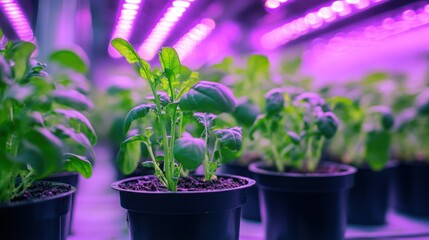 Indoor Basil Plants Growing Under Purple LED Grow Lights.