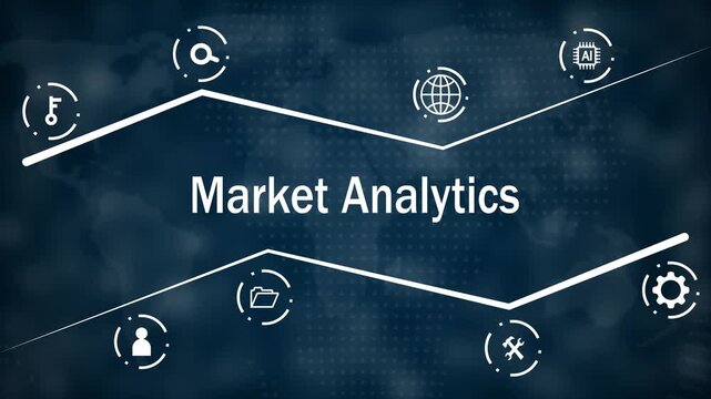 Robotic market analytics concept with white for search key user profile file folder gear and AI chip on a dark red dotted map background