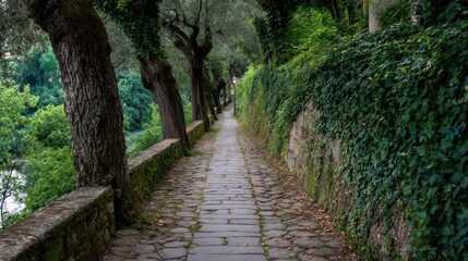 Fototapeta premium Picturesque pathway lined with trees and a stone wall covered in greenery.