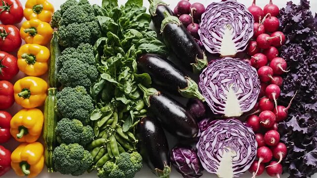 Vibrant flat lay of assorted colorful vegetables including peppers, broccoli, eggplants, and leafy greens on a white background.