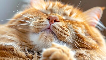 Close-up of a contented ginger cat with closed eyes, basking in the sunlight, showcasing its soft fur and peaceful expression.